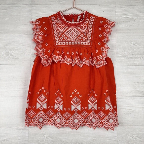 Anthropologie Tops - Anthropologie Feather Bone Embroidered Boho Blouse Size 6 Red Orange Ruffle
